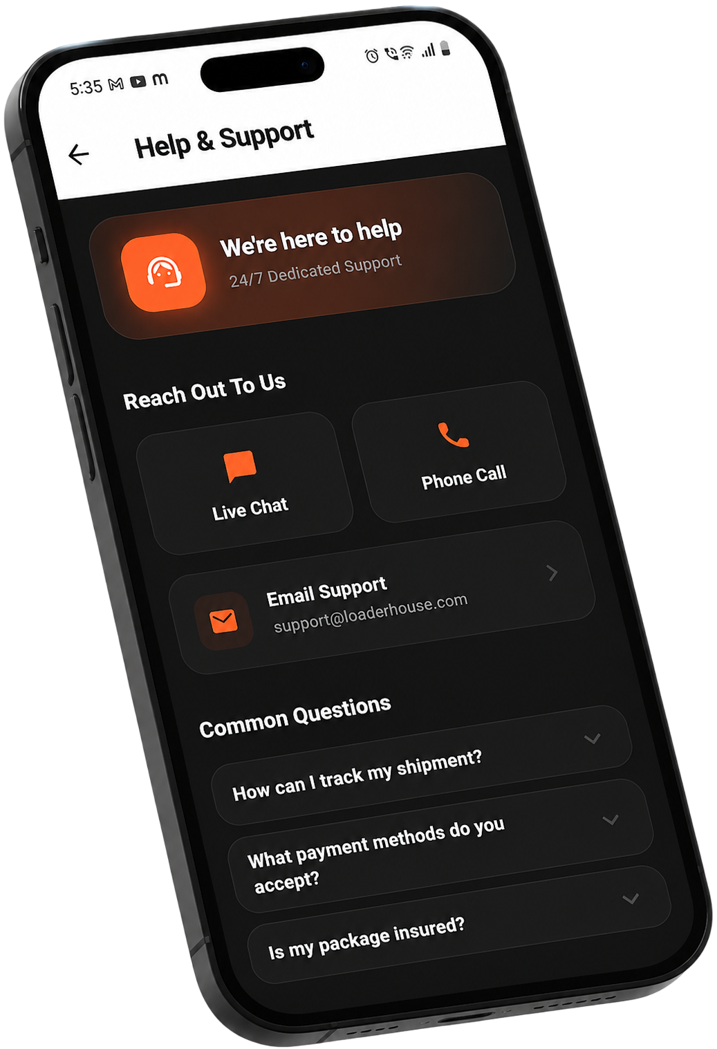 Loader House contact support mockup